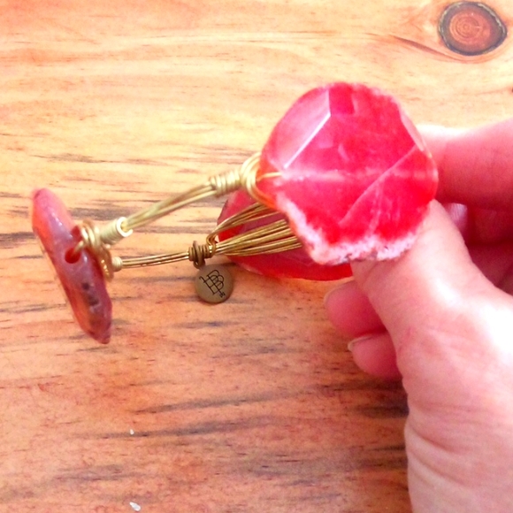 Bourbon and Bowties Hot Pink Stone Bangle Bracelet Gold Triple Wires - Picture 2 of 4